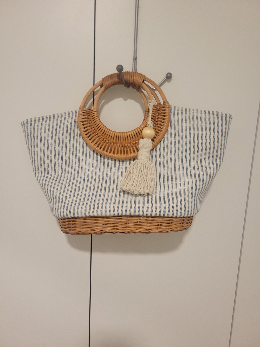 Striped Canvas Tote with Wicker Base and Round Rattan Handles